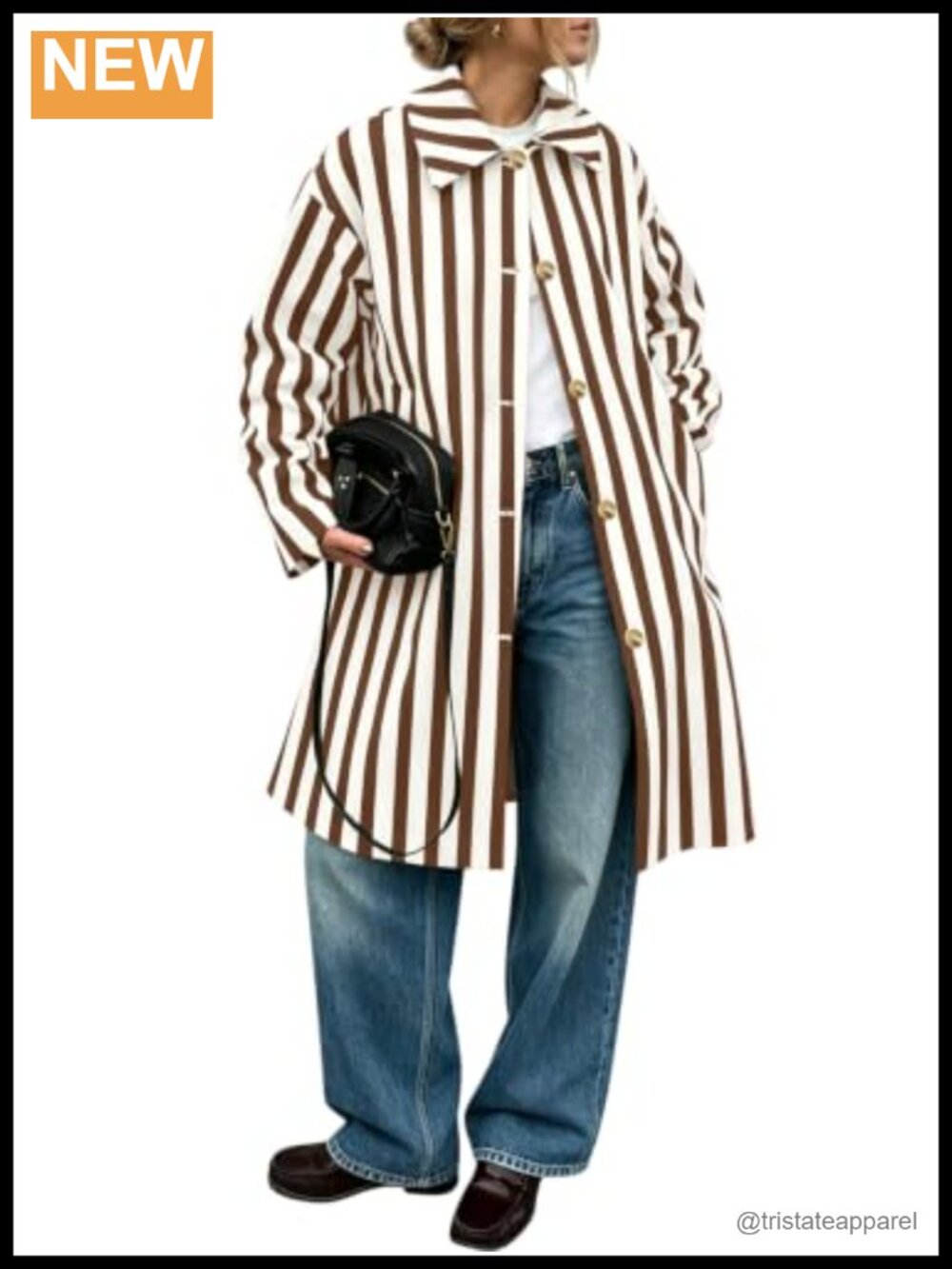 Oversized Striped Long Trench Coat Windproof Fall Overcoat